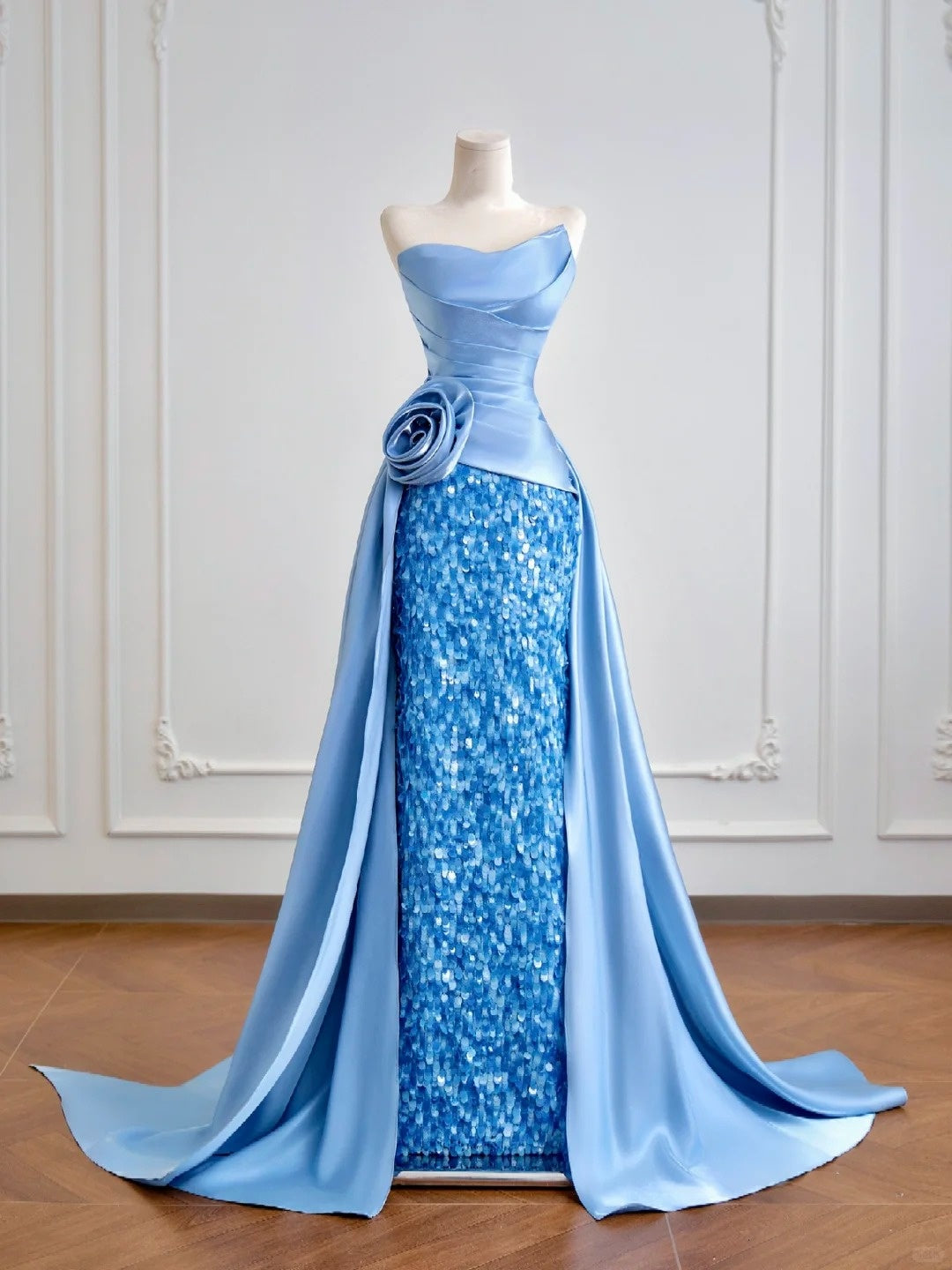 Blaues, glänzendes, langes, bodenlanges Satin-Ballkleid mit Pailletten, Abendkleid, Abschlusskleid, NV5104