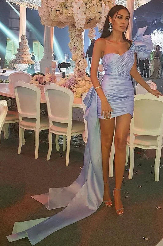 Robe de soirée courte plissée à une épaule bleu ciel en forme de cœur, robe de bal nv1969