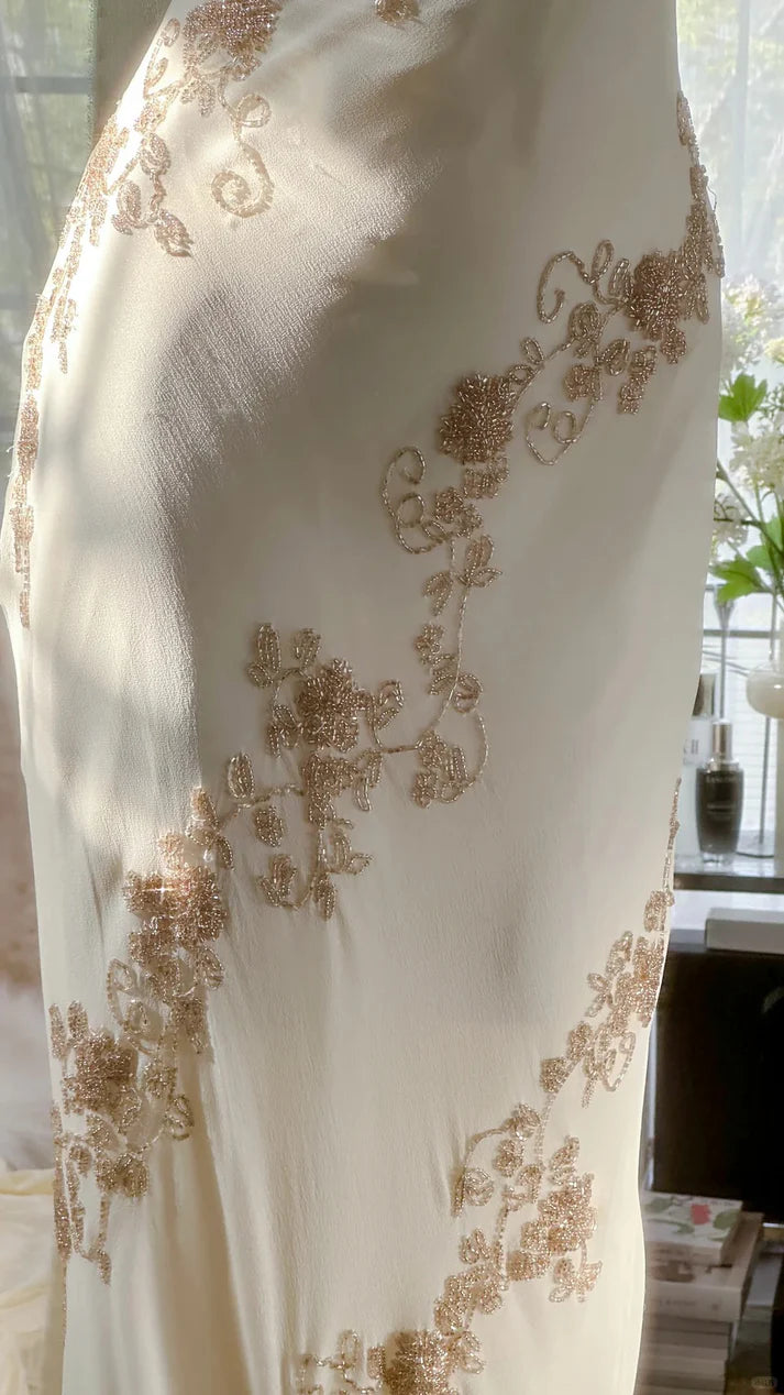 Robe de soirée vintage asymétrique en mousseline de soie, longue, ivoire, à perles, style vintage, robe de bal, robe de cocktail, robe de soirée, robe de bal, nv4904