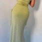 Limettengrüne Spaghettiträger mit Rüschen, glänzendem elastischem Schlitzschwanz, Farbverlauf, langes Meerjungfrau-Ballkleid, Abendkleid, Partykleid nv2407