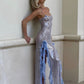 Silver Sequin Sexy Elegant Slim Fit Long Side Slit Blue Flower See-through Evening Dress Ball Gown nv2657