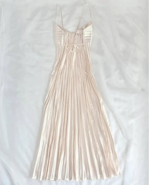 NiceVestidos-Langes, schlichtes Ballkleid aus Satin mit Spaghettiträgern und Plissee, Retro-Kleid Nv5630