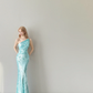 Light Lake Blue One Shoulder Prom Gown Full Sequin Ruched Mermaid Long Evening Dress  NV7155