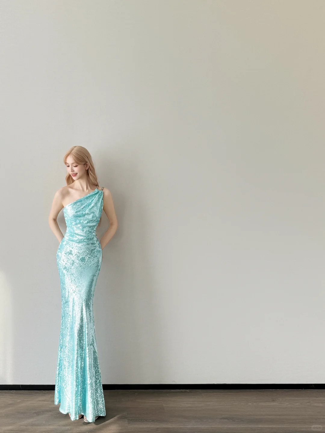 Light Lake Blue One Shoulder Prom Gown Full Sequin Ruched Mermaid Long Evening Dress  NV7155