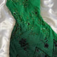 Robe de soirée longue en mousseline de soie, verte, brillante, à bretelles spaghetti, avec perles exquises, robe de bal, robe de soirée nv3577