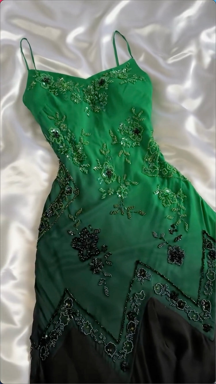 Robe de soirée longue en mousseline de soie, verte, brillante, à bretelles spaghetti, avec perles exquises, robe de bal, robe de soirée nv3577