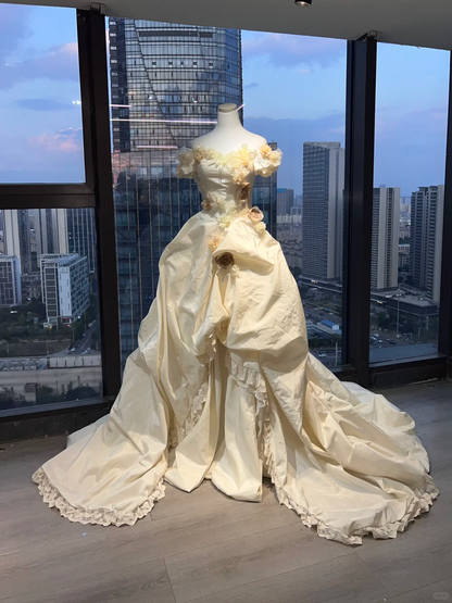 Off Shoulder Cream Yellow Victorian Wedding Dress Puff Sleeve 3D Flowers Ruffled Satin Lace Long Train Ball Gown  NV6978