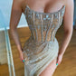 Golden Wunderschöne Luxus Sexy Pailletten Perlen Kristall Hoher Schlitz Langes Formales Ballkleid Ballkleid Abendkleid Partykleid nv100