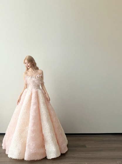 Light Pink Ombre Strapless Prom Gown Beaded Tulle Fluffy 3D Texture A Line Evening Dress  NV7157