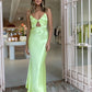 Gelbgrünes Spaghettiträger-Satin-Ballkleid, Abendkleid, Partykleid, nv1849