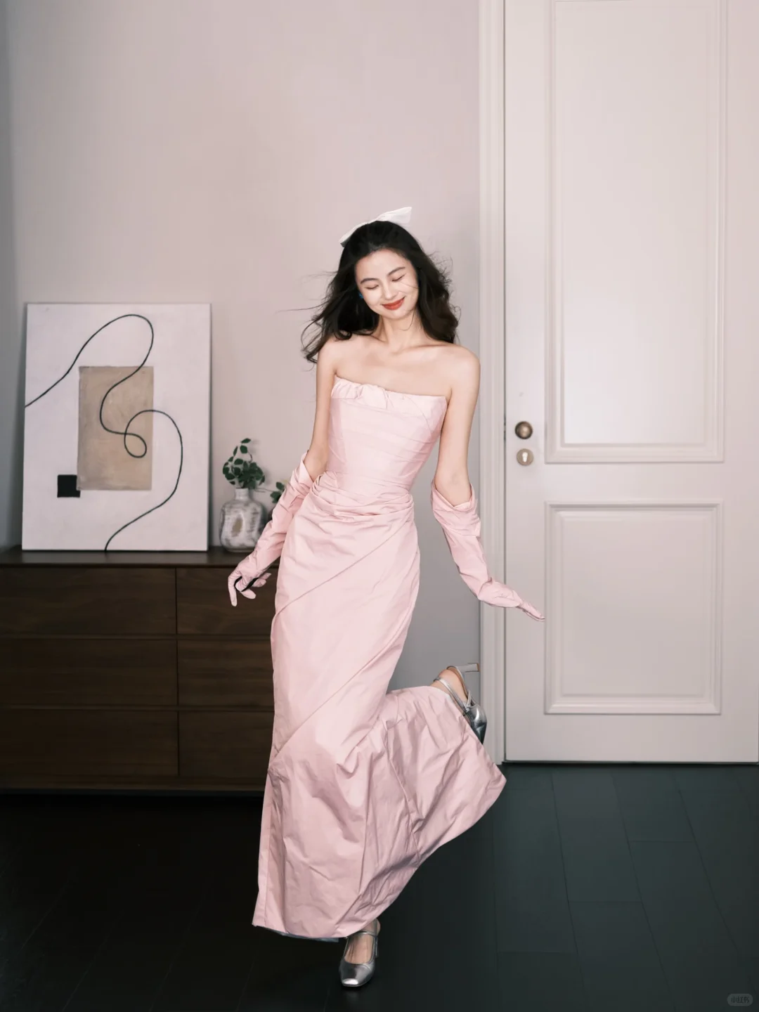 Blush Pink Strapless Ruched Evening Gown with Gloves  NV7298