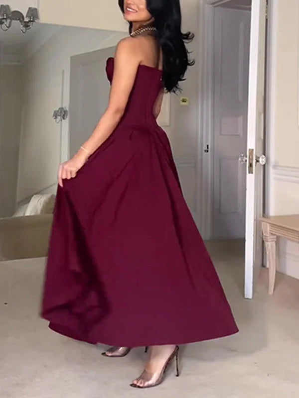 Burgundy A-line Princess V-neck Floor-length  Long Ball Gown Evening Dress nv1933