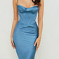 Robe de soirée courte plissée en satin bleu simple et élégante, robe de soirée, robe de fête d'anniversaire, robe de retour nv1920