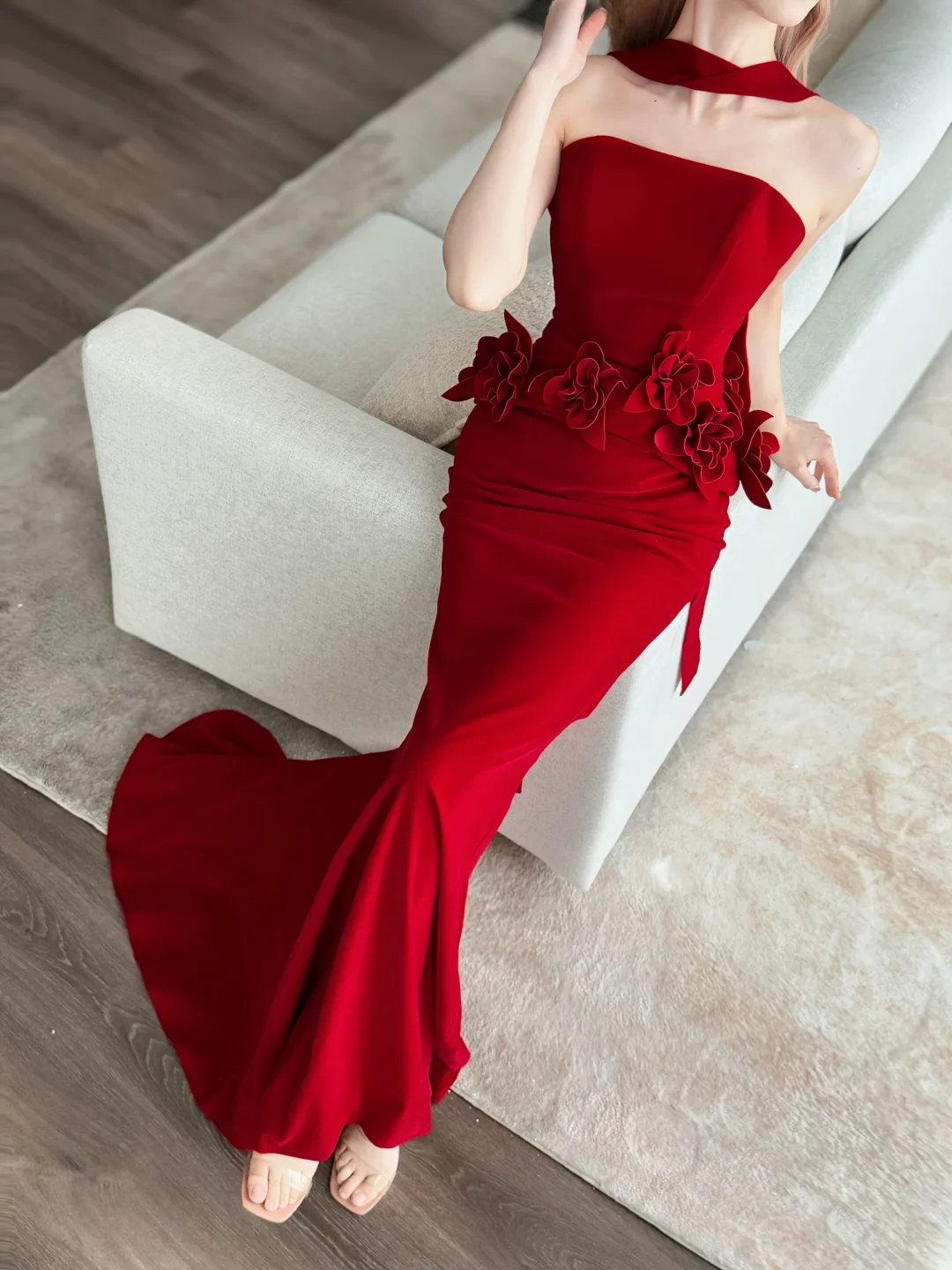 Red Strapless Mermaid Evening Dress With 3D Flowers & Tulle Scarf  NV7137
