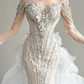 White Off Shoulder Wedding Gown High Neck Choker Beaded Lace Mermaid Ruffle Tulle Overskirt Bridal Dress  NV7163