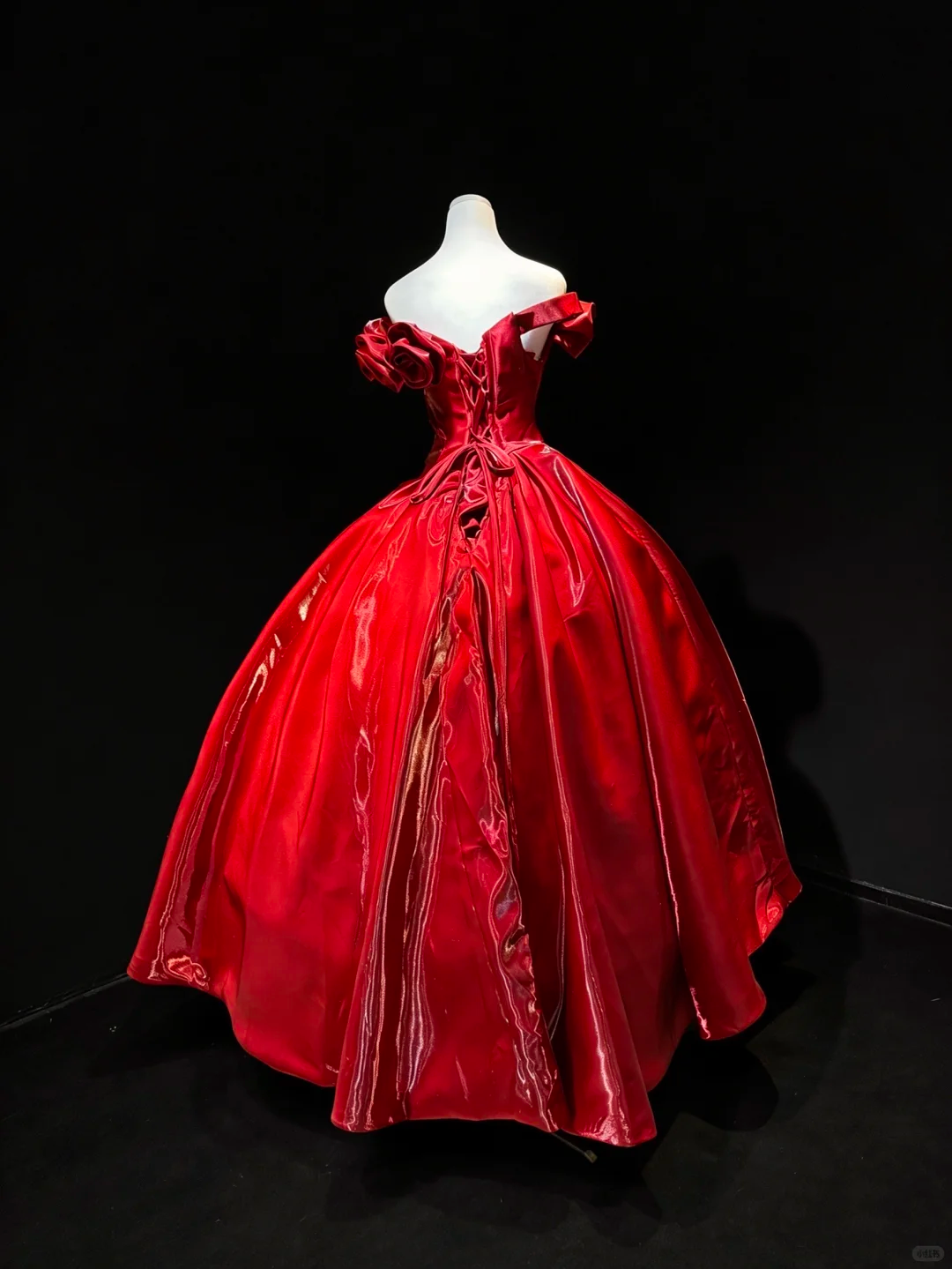 Off Shoulder Bright Red Satin Prom Dress 3D Rose Ruching Glossy Ball Gown  NV6983