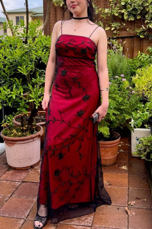 NiceVestidos - Robe de cérémonie de remise de diplômes bordeaux noire à fleurs, bretelles spaghetti, longueur au sol, NV5801