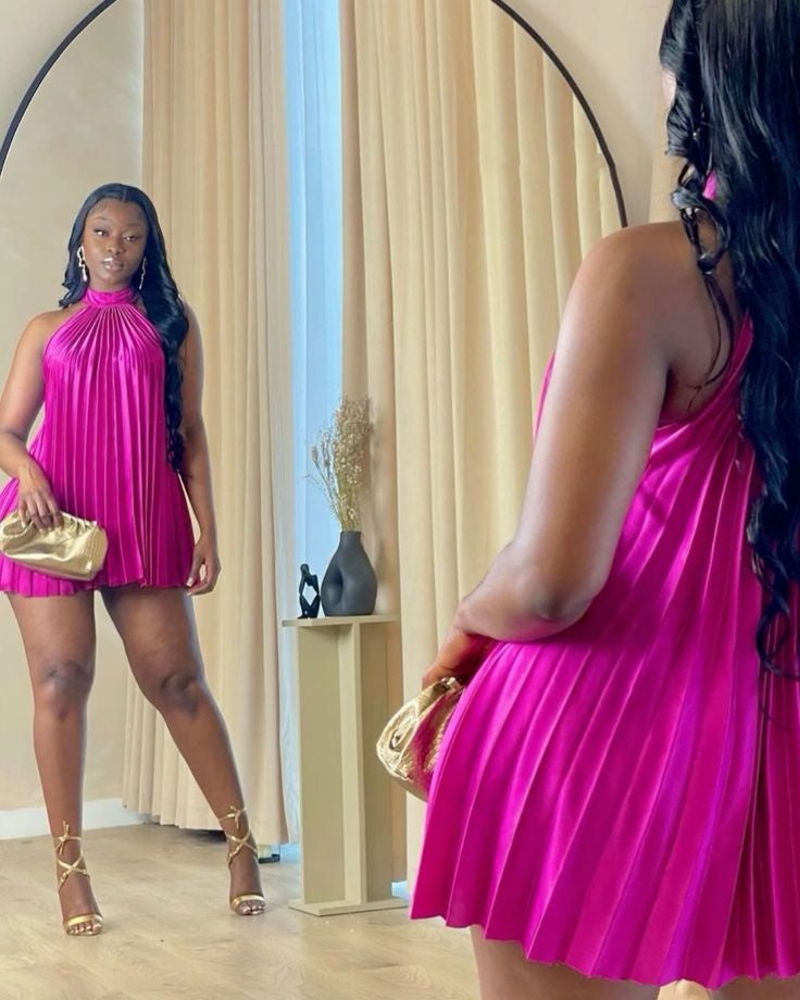 Robe de soirée courte rose à licou, robe de soirée d'anniversaire nv2876