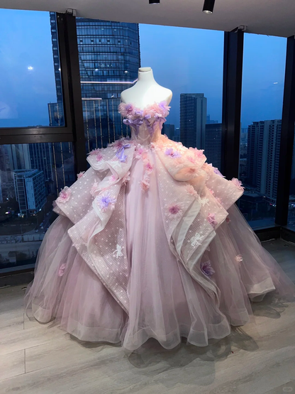 Pink Lavender Strapless Ball Gown 3D Floral Satin Bow Lace Corset Fairy Prom Dress  NV6950