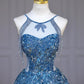 Blaues luxuriöses, mit Perlen besetztes, funkelndes, wunderschönes Brautkleid, mit Perlen und Pailletten besetztes, bodenlanges Prinzessinnen-Ballkleid nv5060
