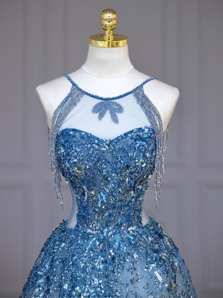 Blaues luxuriöses, mit Perlen besetztes, funkelndes, wunderschönes Brautkleid, mit Perlen und Pailletten besetztes, bodenlanges Prinzessinnen-Ballkleid nv5060