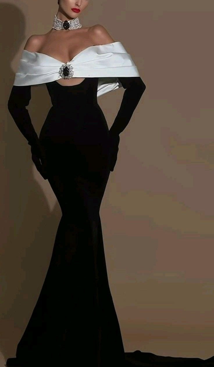 Robe de soirée sirène longue en satin noir et blanc nv4871