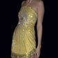 Robe de soirée courte en mousseline de soie, luxueuse et brillante, jaune, avec perles, pour anniversaire, cocktail, NV4657