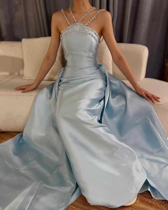 Blue gorgeous rhinestone embellished satin long ball gown evening dress nv2711