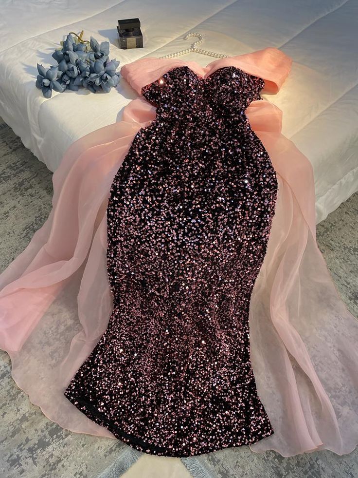 Light Pink/Dark Pink Gorgeous Exquisite Shiny Sequins Elegant Long Tulle Ball Gown Evening Dress nv3171