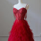 NiceVestidos – Rotes Tüllkleid mit Spaghettiträgern und Perlen, romantisches Bankettkleid mit mehrlagiger Schleppe, NV5758