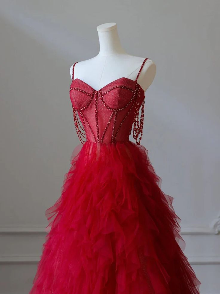 NiceVestidos – Rotes Tüllkleid mit Spaghettiträgern und Perlen, romantisches Bankettkleid mit mehrlagiger Schleppe, NV5758
