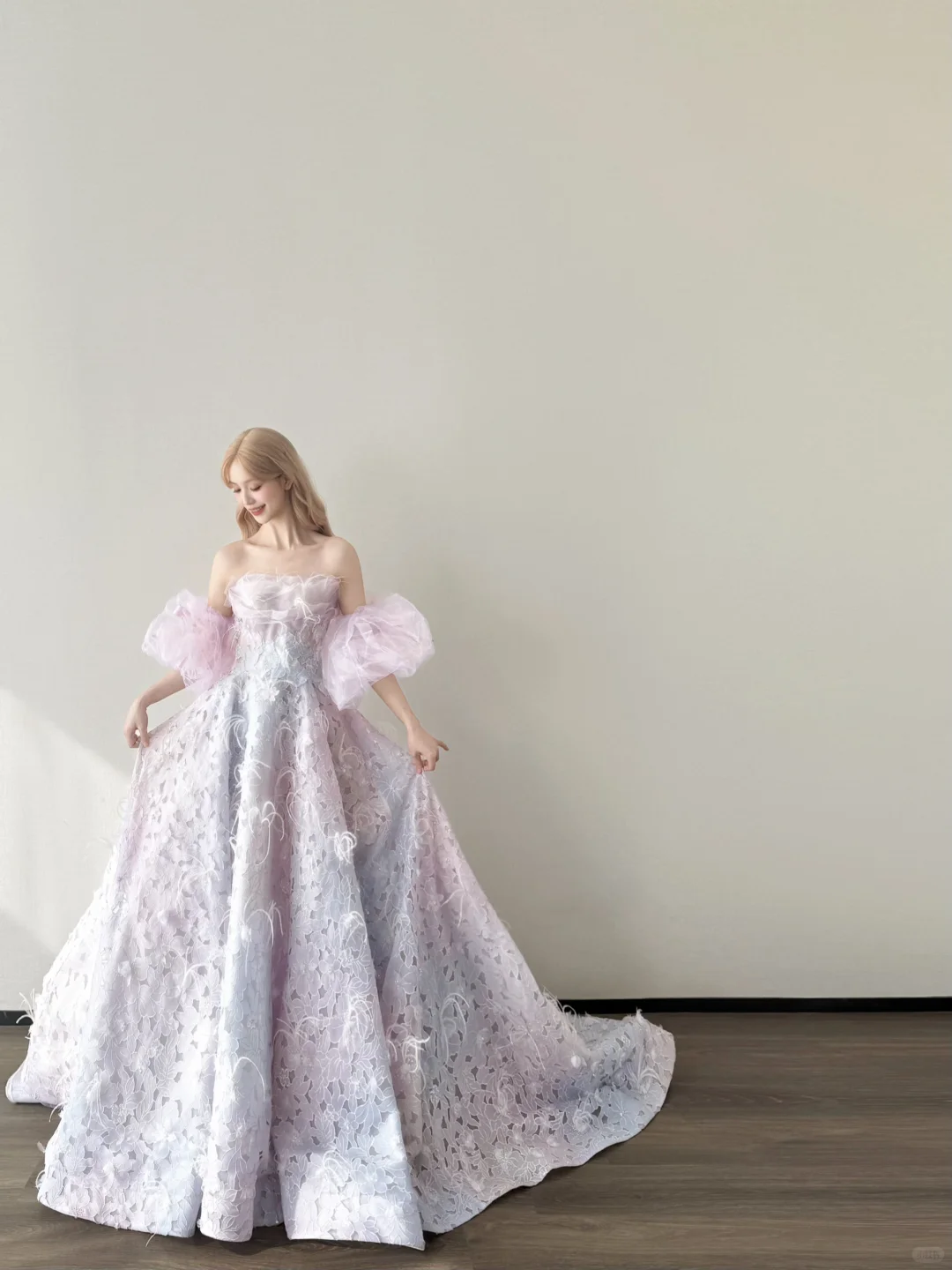 Pink Purple Ombre Off Shoulder Prom Gown Detachable Puff Sleeve 3D Floral Lace A Line Evening Dress  NV7158