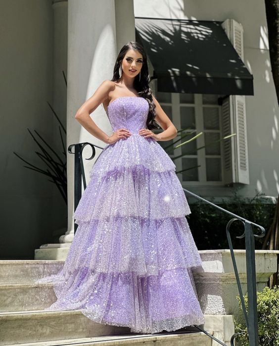 Light Purple Sparkling Tulle Sequin A-Line Long Tiered Ball Gown Evening Dress fall bridal shower outfit for guest nv2651