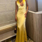 Gelbes Satin-Schnür-Neckholder-V-Ausschnitt-Bodycon-Abendkleid Ballkleid Partykleid nv1934