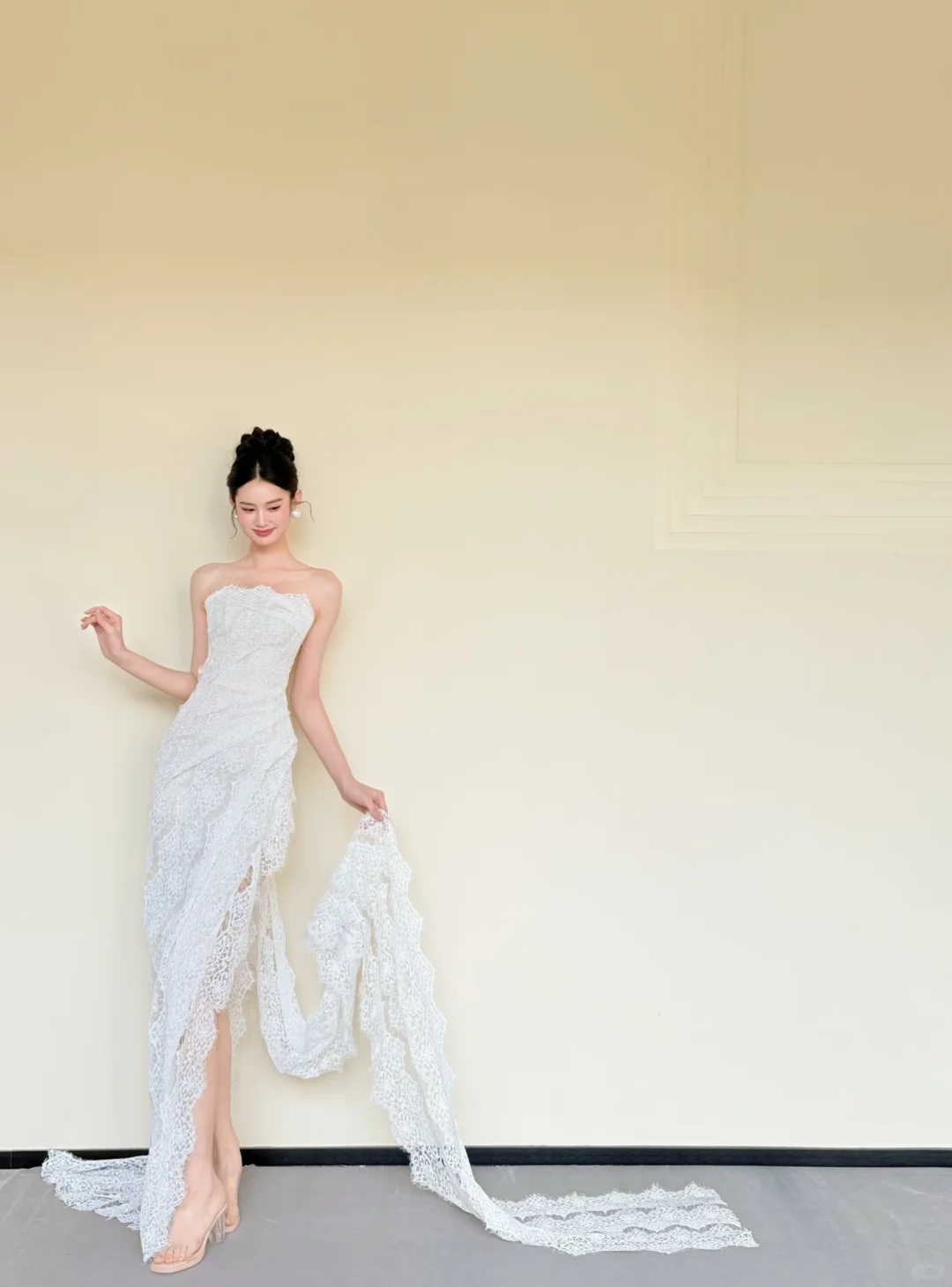 Strapless White Lace Mermaid Gown with High Slit & Ruffle Train  NV7415