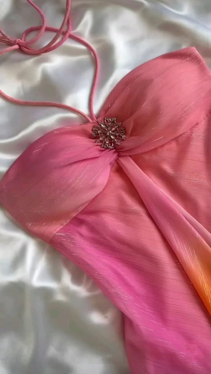 Robe de soirée longue en mousseline de soie, élégante, rose, dégradé, sans bretelles, nv4610