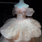 Light Pink Off Shoulder Tulle Ball Gown, Puff Sleeve Corset Dress with 3D Flowers  NV7084