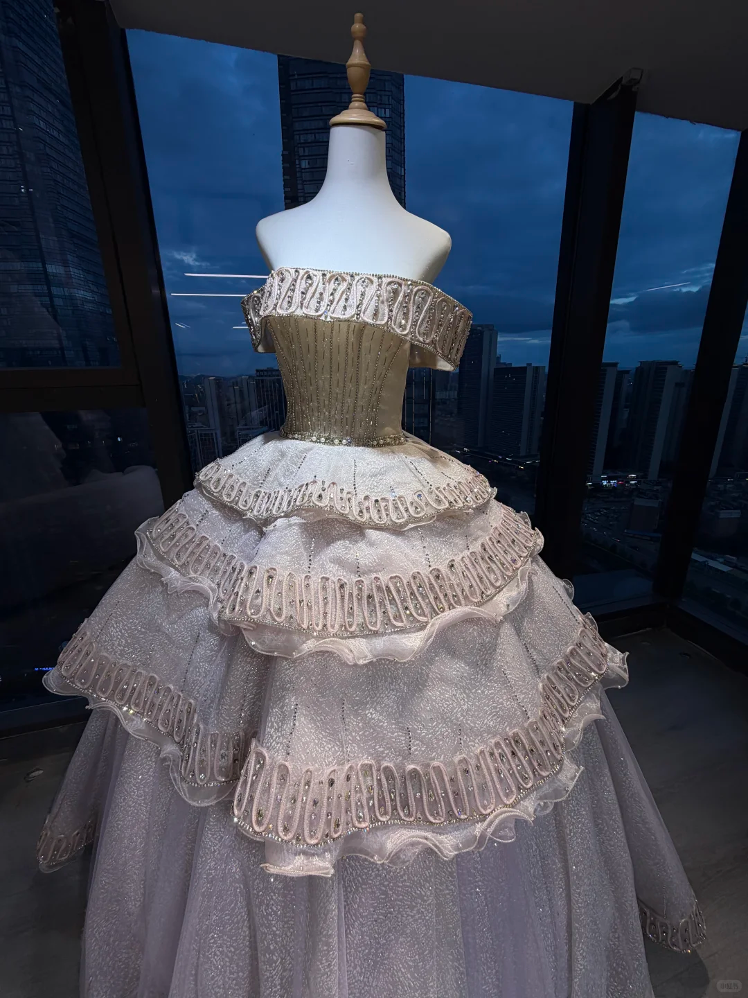 Off Shoulder Light Champagne Ball Gown Hand Beaded Rhinestone Tiered Glitter Tulle Prom Dress  NV7037