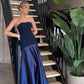 Blue low waist elegant and charming simple satin splicing tube top off shoulder flared dress long dress long ball gown evening dress party dress prom dress to impress nv2583