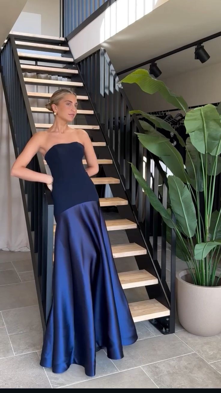 Blue low waist elegant and charming simple satin splicing tube top off shoulder flared dress long dress long ball gown evening dress party dress prom dress to impress nv2583