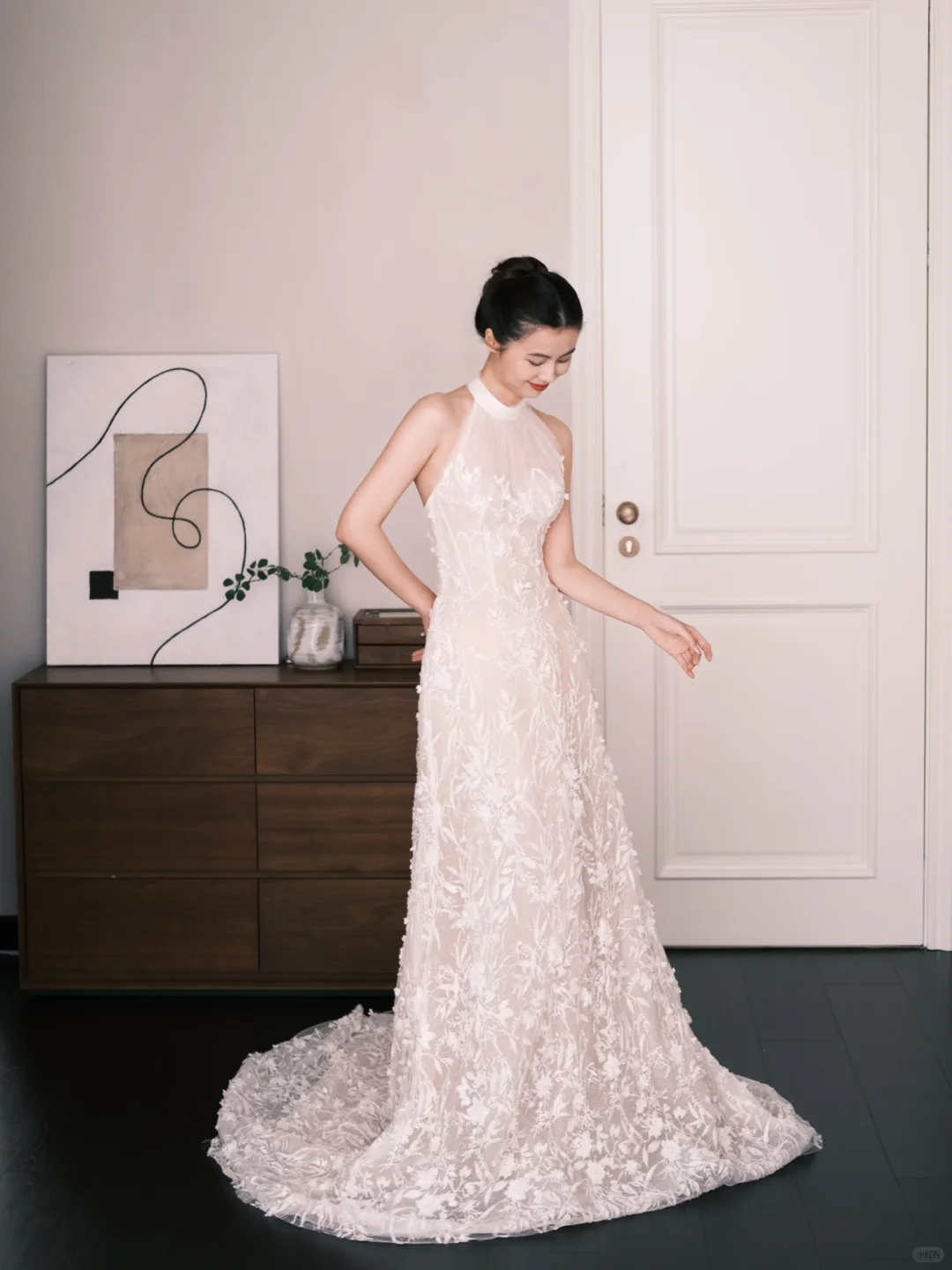White Halter High Neck Lace Mermaid Wedding Dress  NV7235
