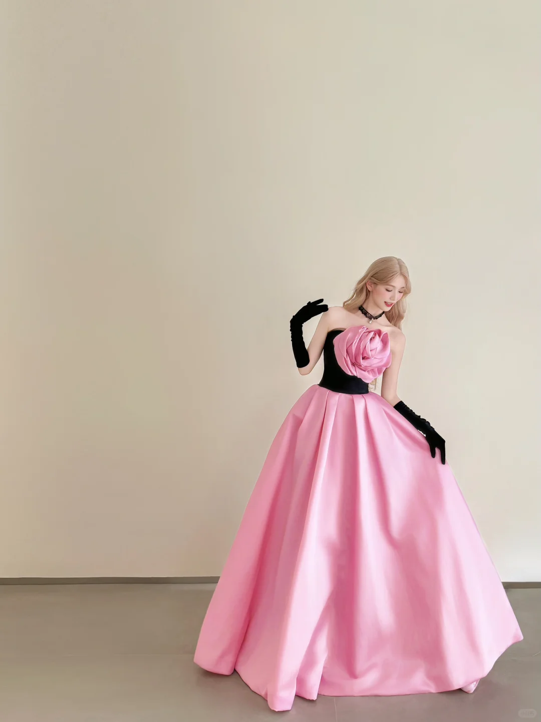 Black Pink Strapless Satin Ball Gown 3D Rose Prom Dress  NV7174