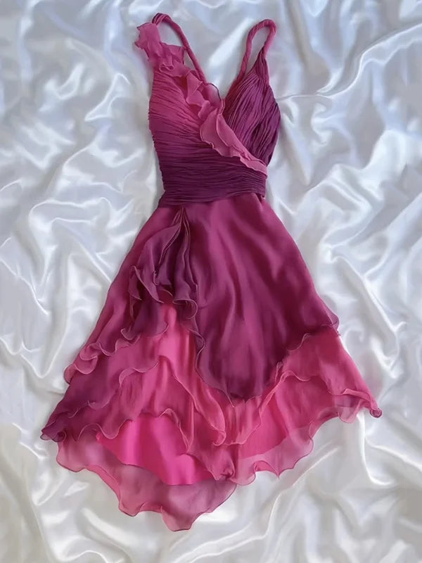 Robe de soirée mi-longue en mousseline de soie, rose et violet, à volants, bretelles spaghetti, dégradé de couleurs, robe de bal, robe de fête d'anniversaire, robe de soirée nv3882