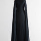 Schwarzes elegantes Vintage-Kleid aus Satin-Tüll mit Cape-Ärmeln, eckigem Ausschnitt und Verzierungen, NV6255