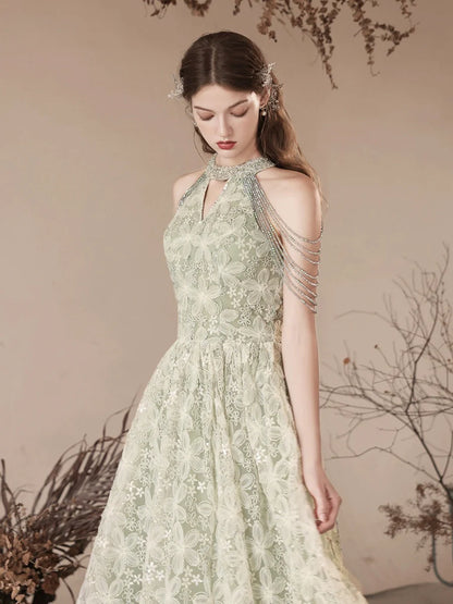 Jolie robe de bal verte en tulle à fleurs, longueur au sol, belle robe de soirée trapèze dos nu nv1414