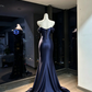 Navy Blue Off Shoulder Satin Mermaid Dress Ruched Corset High Slit Long Train Formal Prom Gown  NV6940
