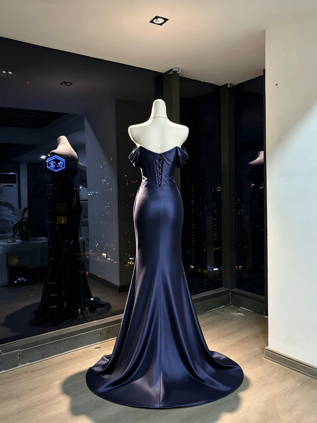 Navy Blue Off Shoulder Satin Mermaid Dress Ruched Corset High Slit Long Train Formal Prom Gown  NV6940