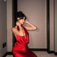 Red Fashion Sexy Deep V Neck Backless Long Satin Ball Gown Evening Dress Christmas Holiday Party Dress nv3073