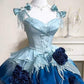 Robe de bal courte en mousseline de soie à fleurs bleu/vert/violet nv4824