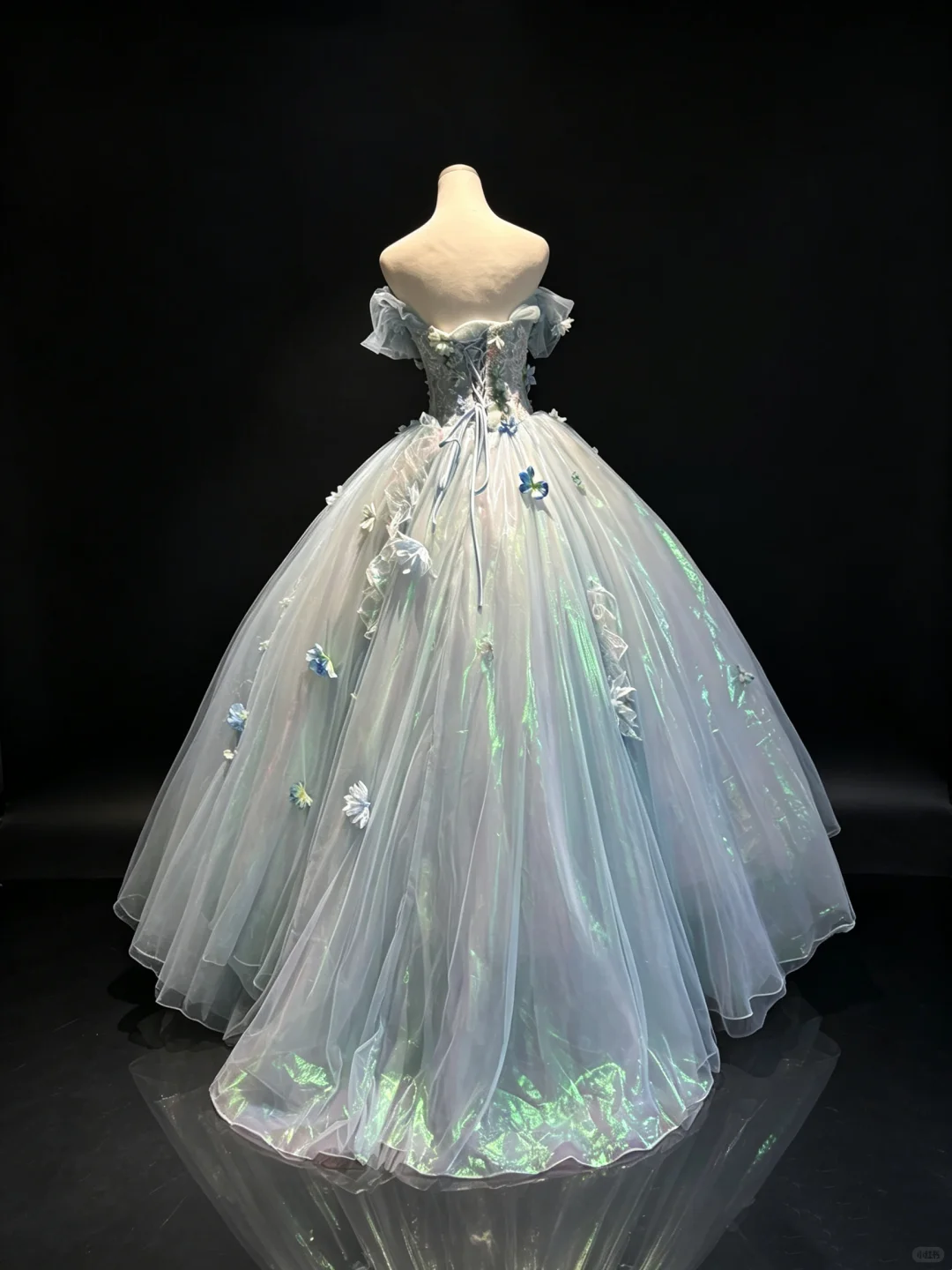 Light Lake Blue Off Shoulder Corset Ball Gown 3D Flower Iridescent Tulle Fairy Prom Dress  NV6937